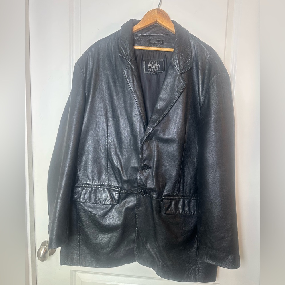 Vintage Y2K Wilson’s Leather Black 100% Genuine Leather 3 Button Blazer Coat, XL